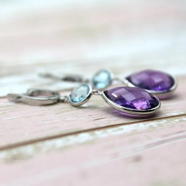 Amethyst Sky Blue Topaz Double Drop Dangling Earrings