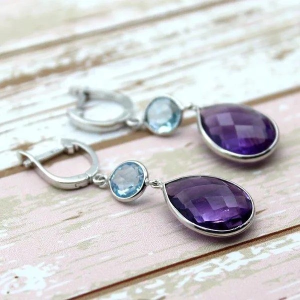 Amethyst Sky Blue Topaz Double Drop Dangling Earrings