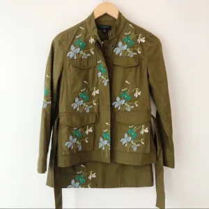 ANN TAYLOR Embroidered Floral Safari Jacket Skirt Blazer Coordinating Set Green