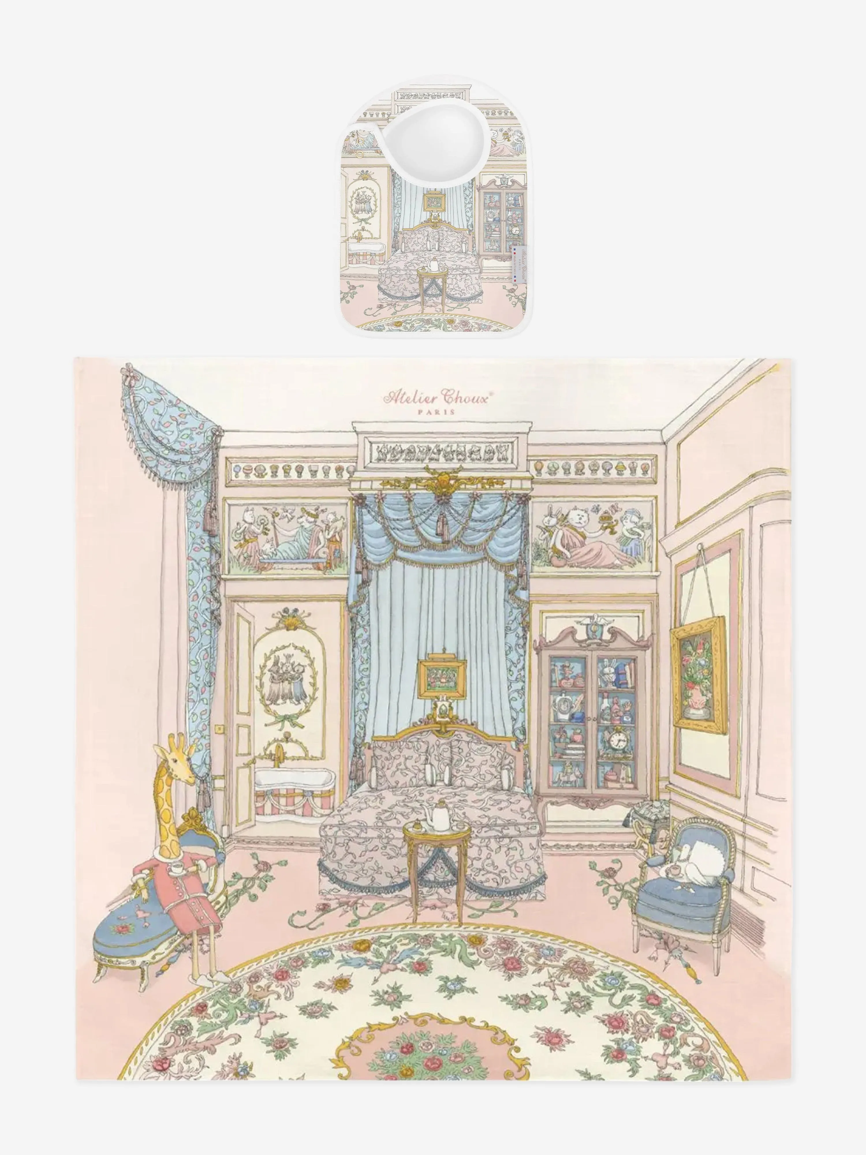 Atelier Choux Baby French Bedroom Carré and Satin Bib Set in Multicolour