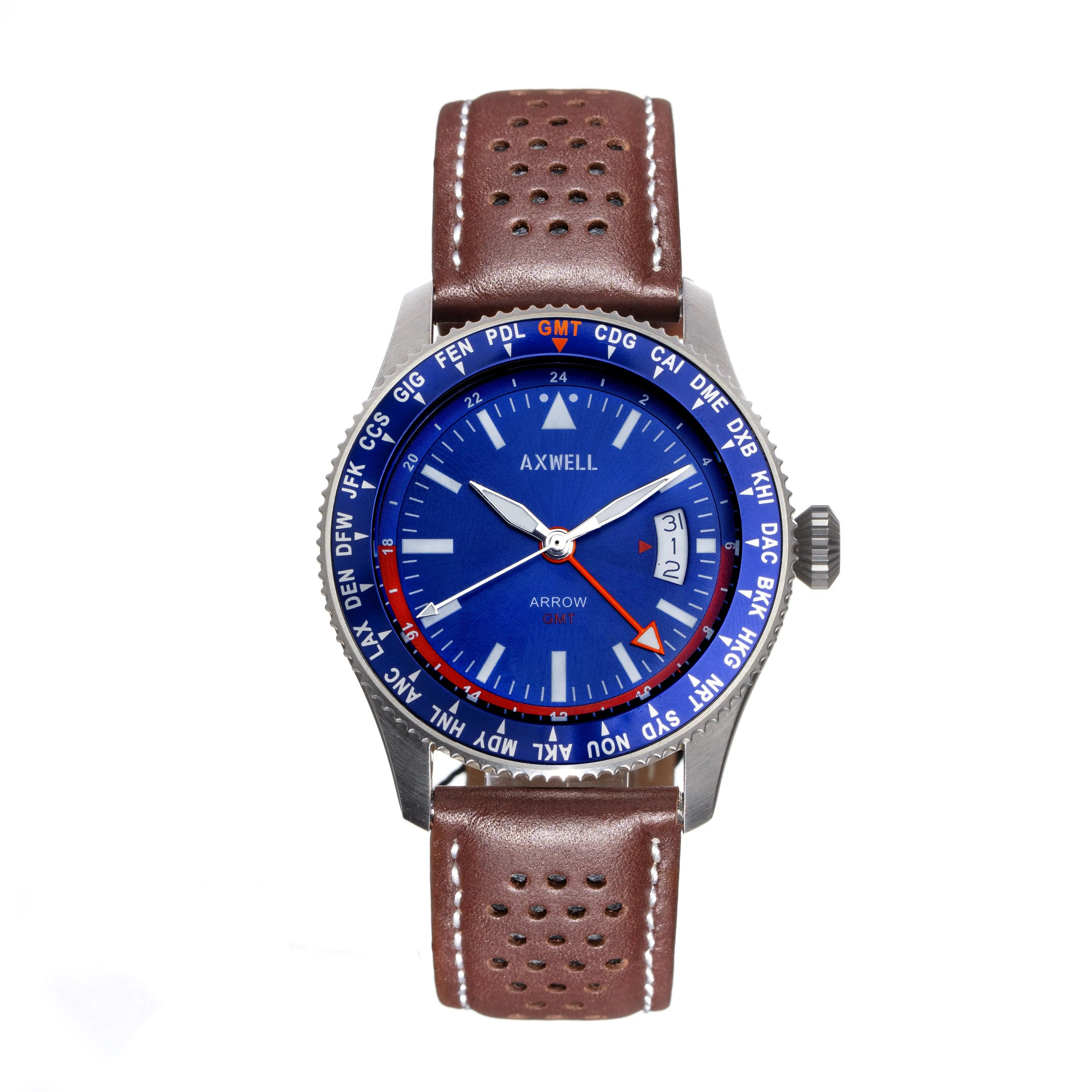 Axwell Arrow Leather-Band Watch w/Date