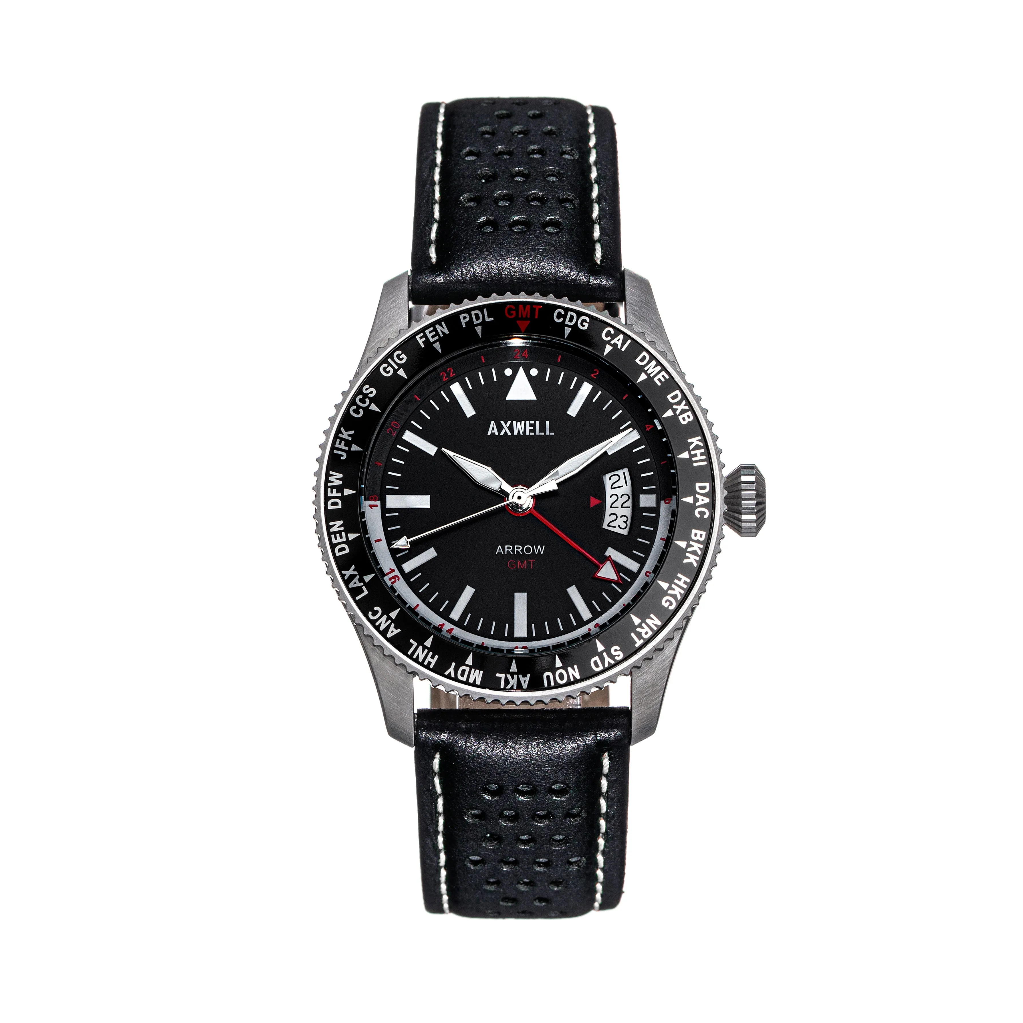 Axwell Arrow Leather-Band Watch w/Date