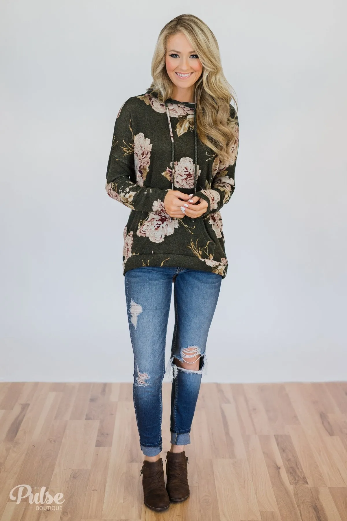 Back to the Garden Floral Hoodie- Olive