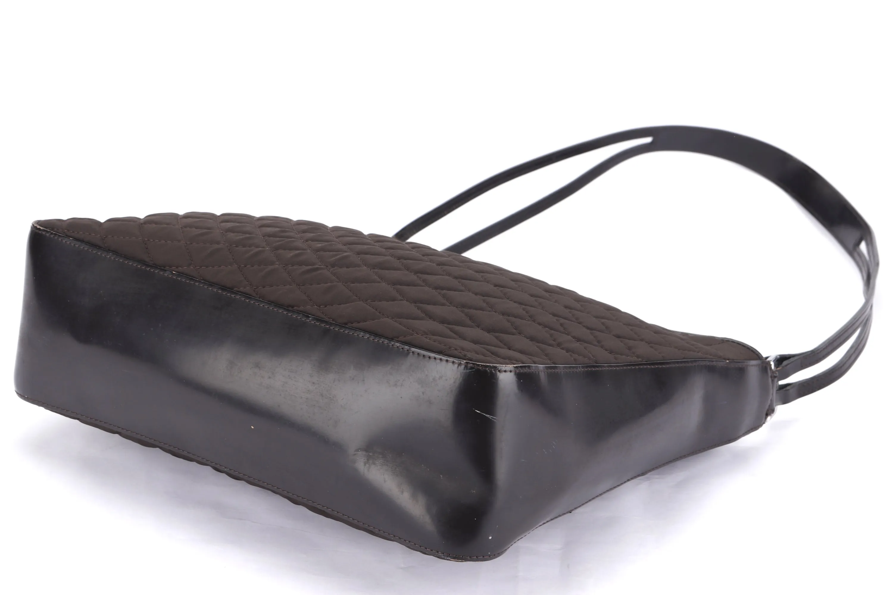 BALLY SHOULDER BAG MEDIUM DARK BROWN QUILTED FABRIC WITH LEATHER SILVER HARDWARE, NO DUST COVER