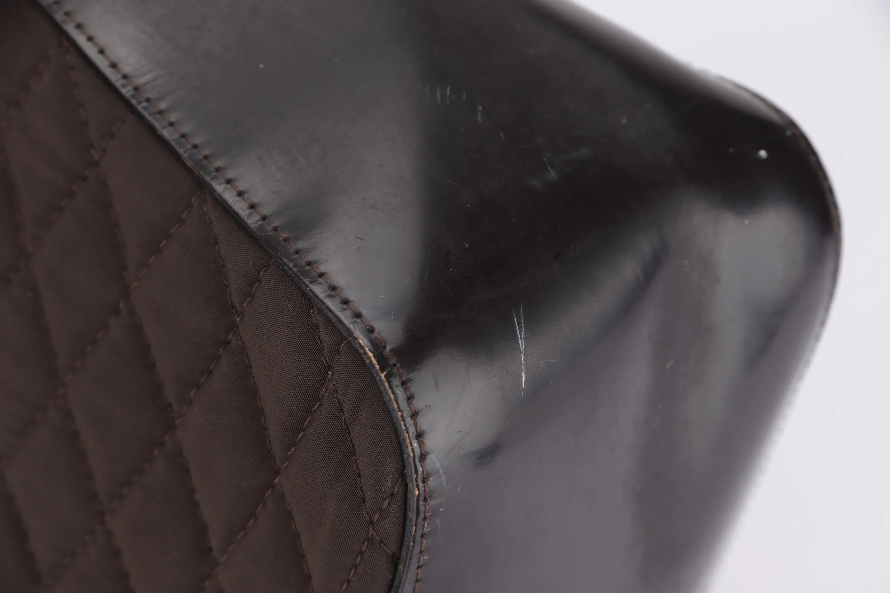 BALLY SHOULDER BAG MEDIUM DARK BROWN QUILTED FABRIC WITH LEATHER SILVER HARDWARE, NO DUST COVER