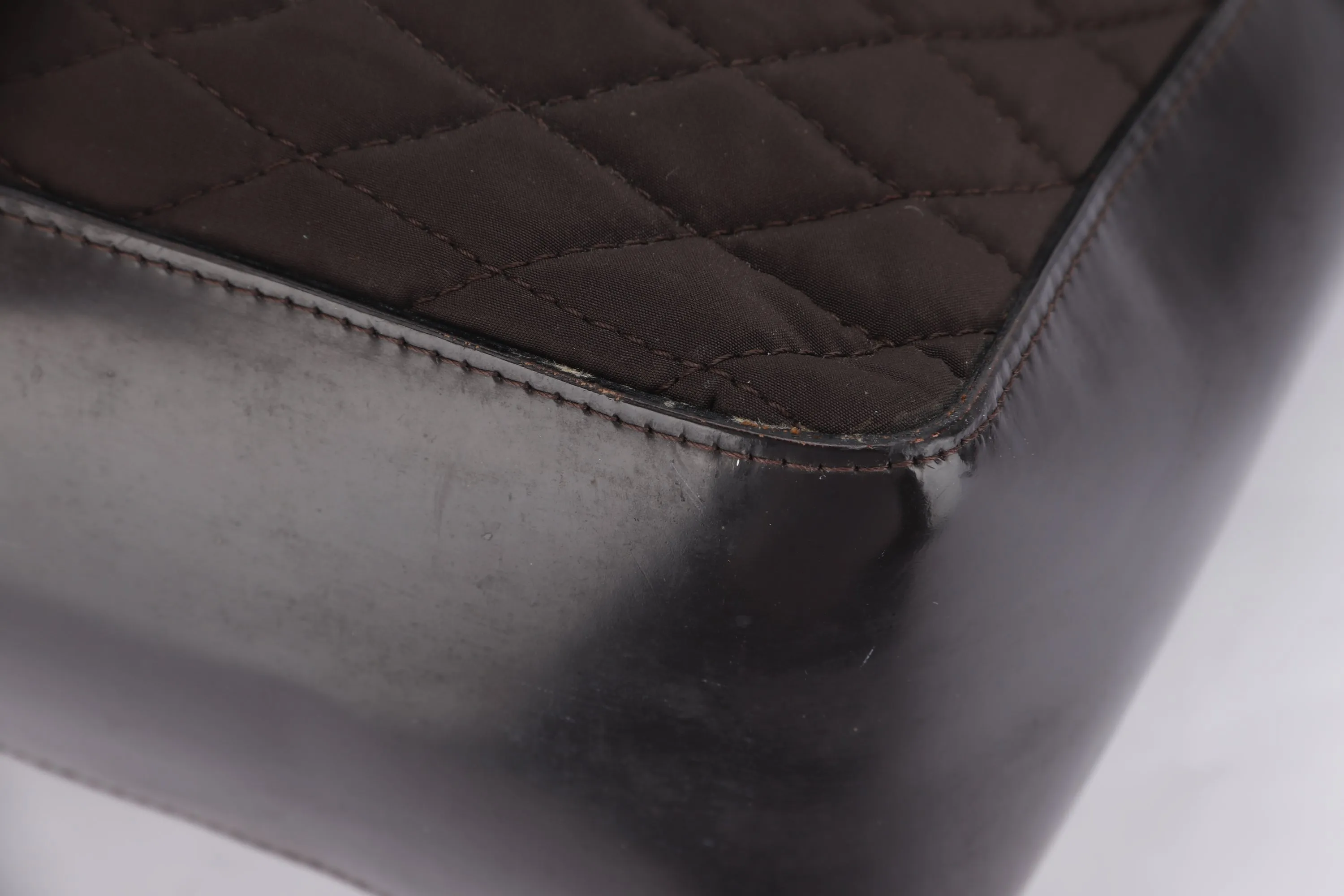 BALLY SHOULDER BAG MEDIUM DARK BROWN QUILTED FABRIC WITH LEATHER SILVER HARDWARE, NO DUST COVER