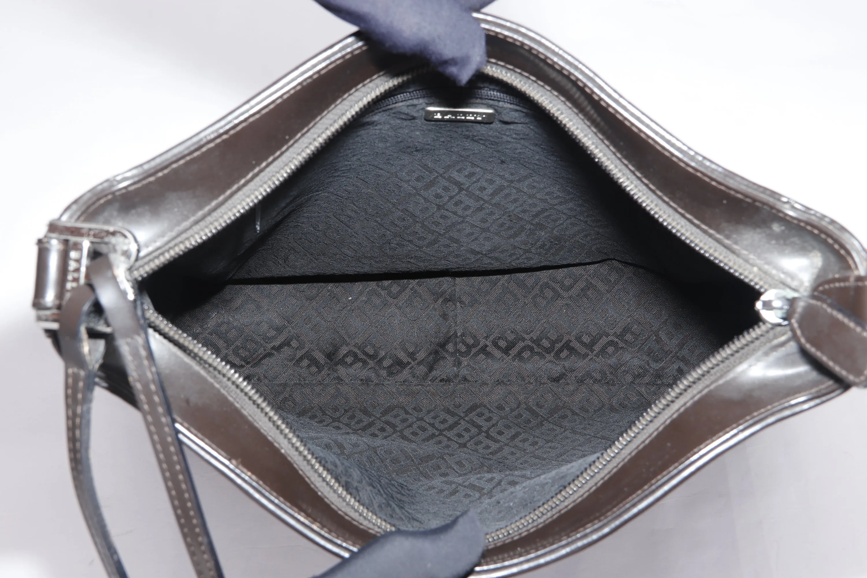 BALLY SHOULDER BAG MEDIUM DARK BROWN QUILTED FABRIC WITH LEATHER SILVER HARDWARE, NO DUST COVER