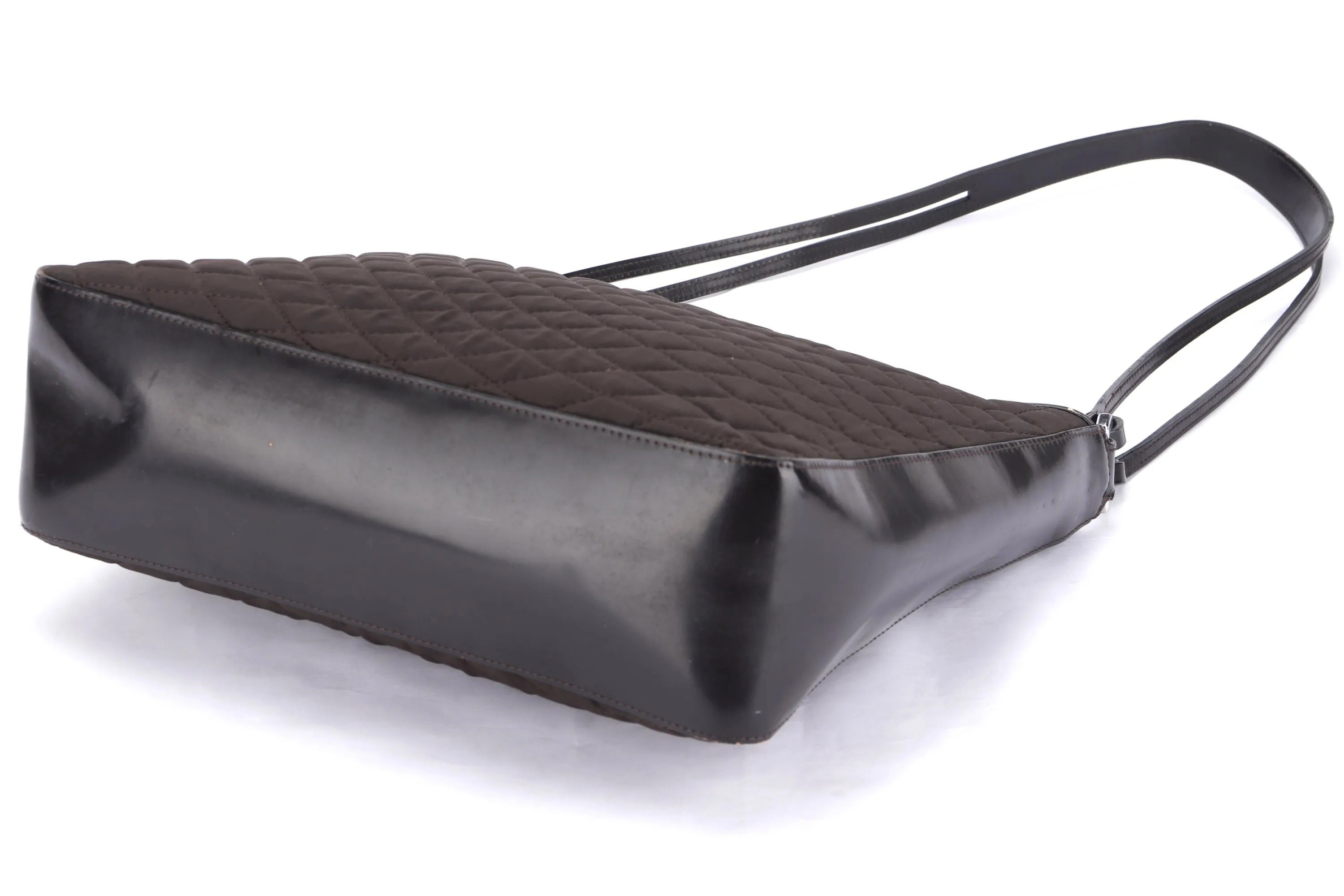 BALLY SHOULDER BAG MEDIUM DARK BROWN QUILTED FABRIC WITH LEATHER SILVER HARDWARE, NO DUST COVER