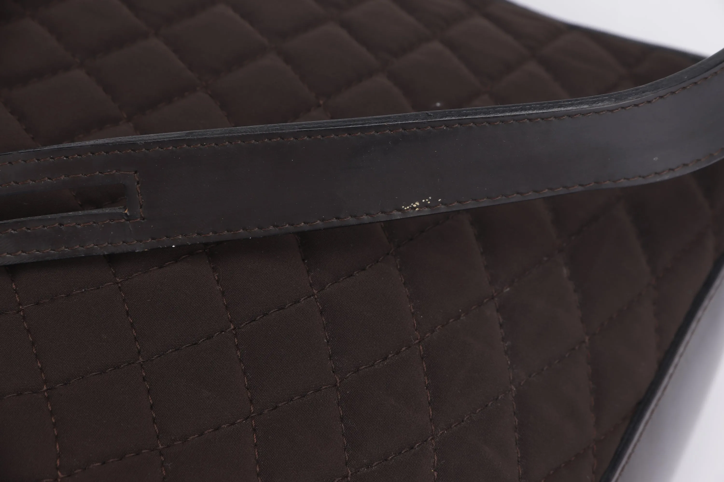 BALLY SHOULDER BAG MEDIUM DARK BROWN QUILTED FABRIC WITH LEATHER SILVER HARDWARE, NO DUST COVER