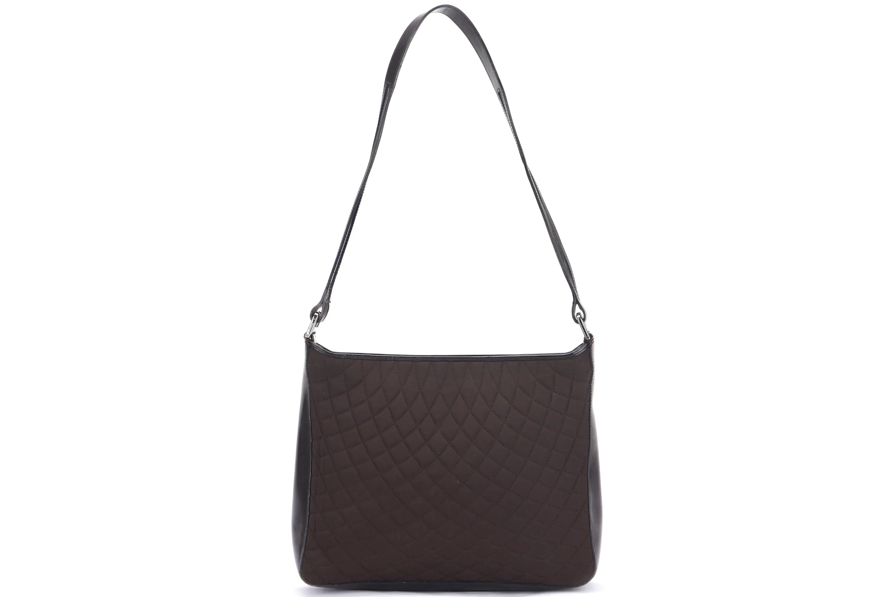 BALLY SHOULDER BAG MEDIUM DARK BROWN QUILTED FABRIC WITH LEATHER SILVER HARDWARE, NO DUST COVER