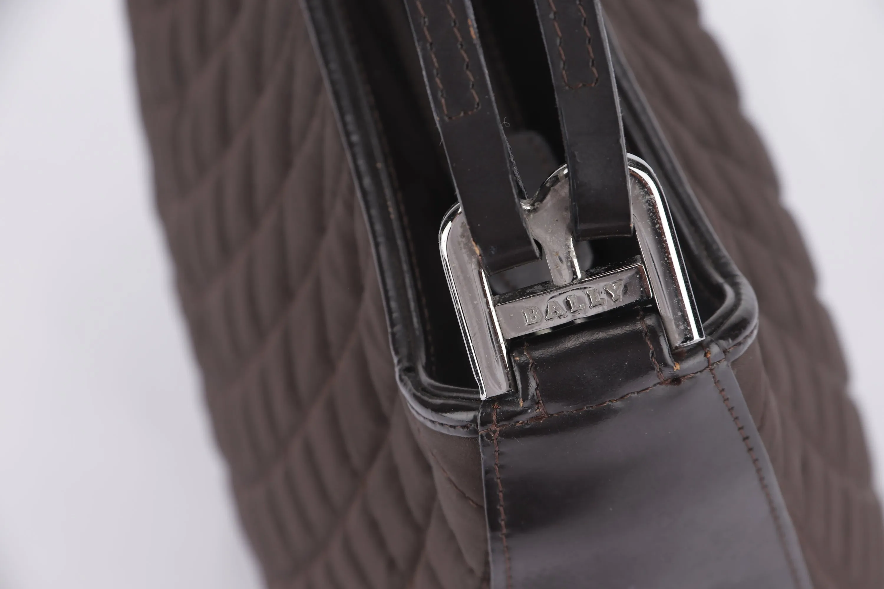 BALLY SHOULDER BAG MEDIUM DARK BROWN QUILTED FABRIC WITH LEATHER SILVER HARDWARE, NO DUST COVER