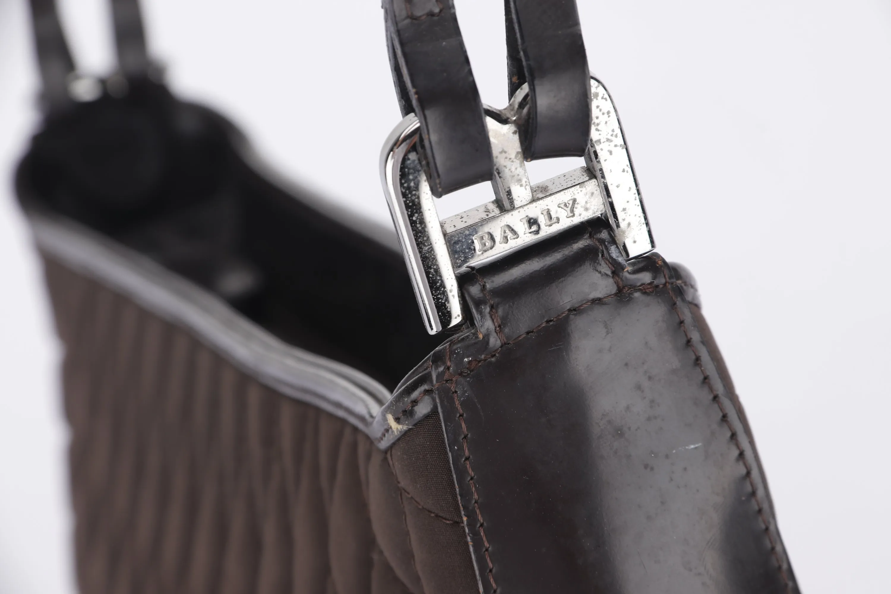 BALLY SHOULDER BAG MEDIUM DARK BROWN QUILTED FABRIC WITH LEATHER SILVER HARDWARE, NO DUST COVER