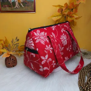 Barrel Handbags Red Color With White Flower Design