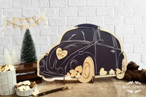 Beetle Wedding Guest Book-Drop Top Wooden Hearts Personalized Vintage