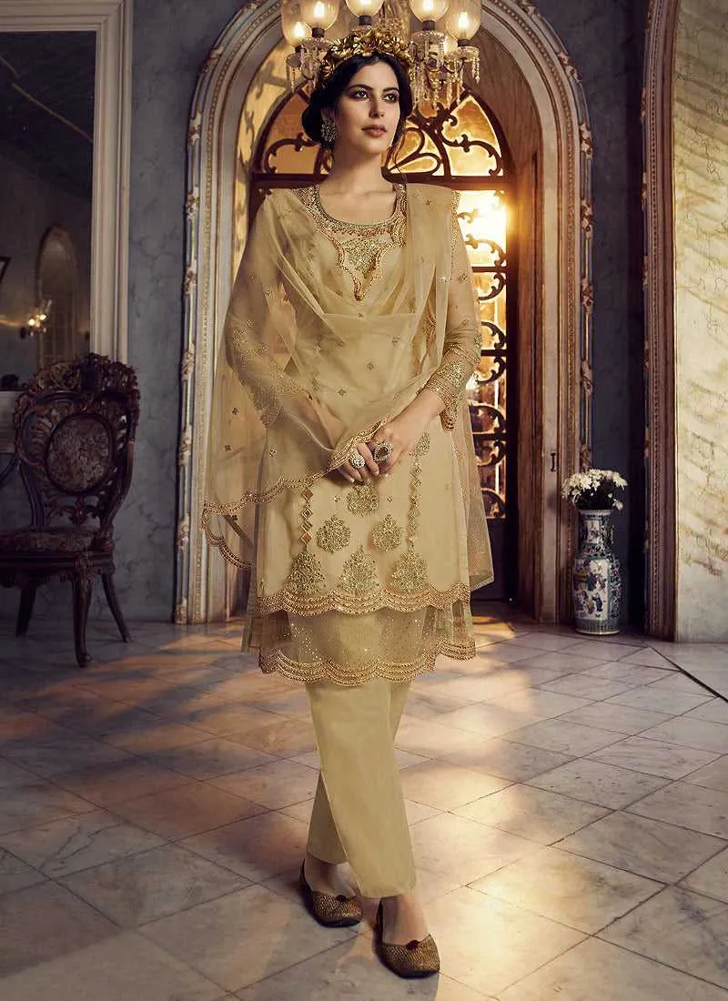 Beige and Gold Heavy Embroidered Lehenga/ Pant Style Suit
