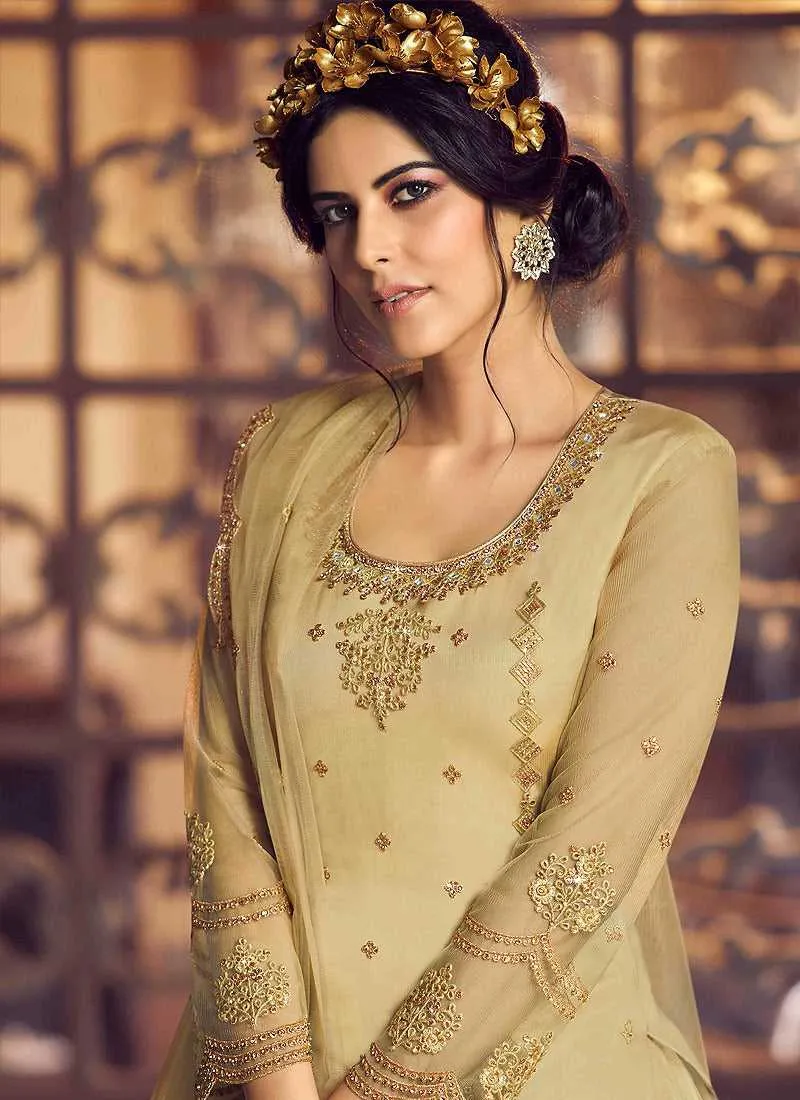 Beige and Gold Heavy Embroidered Lehenga/ Pant Style Suit