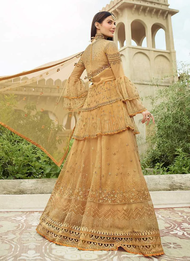 Beige Gold Heavy Embroidered Lehenga Style Anarkali