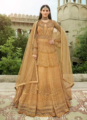 Beige Gold Heavy Embroidered Lehenga Style Anarkali