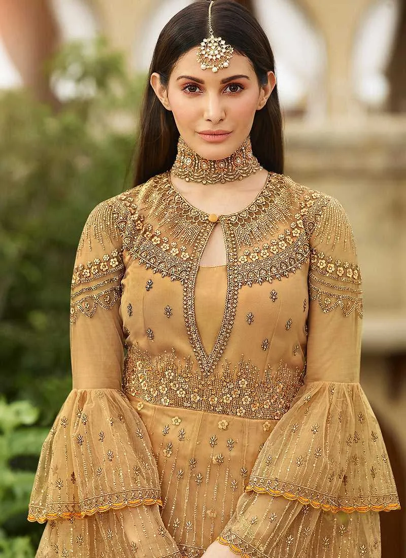 Beige Gold Heavy Embroidered Lehenga Style Anarkali
