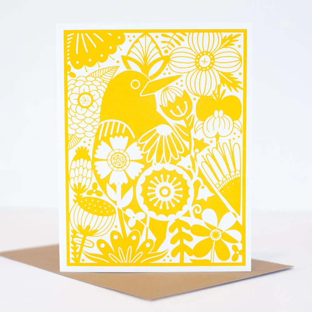 Bird in the Garden art card, blank greeting card for any occasion, scandinavian flower card, american robin greeting card