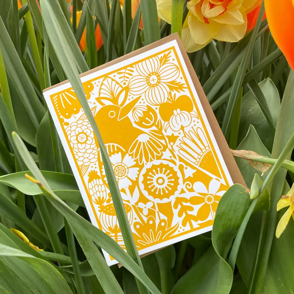 Bird in the Garden art card, blank greeting card for any occasion, scandinavian flower card, american robin greeting card