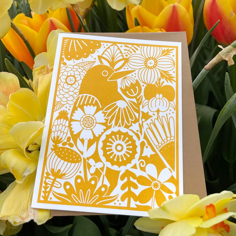 Bird in the Garden art card, blank greeting card for any occasion, scandinavian flower card, american robin greeting card