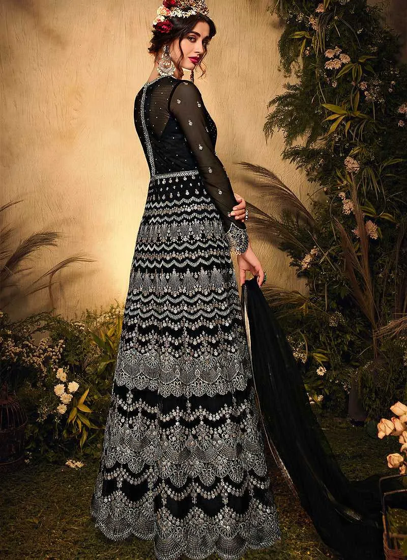 Black and Silver Heavy Embroidered Kalidar Lehenga Style Anarkali