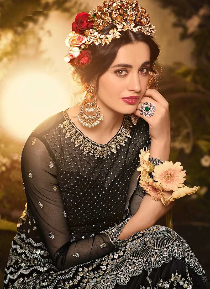 Black and Silver Heavy Embroidered Kalidar Lehenga Style Anarkali
