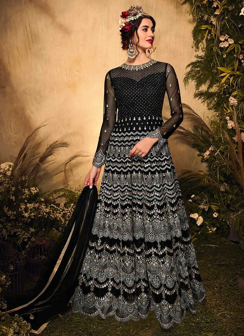 Black and Silver Heavy Embroidered Kalidar Lehenga Style Anarkali