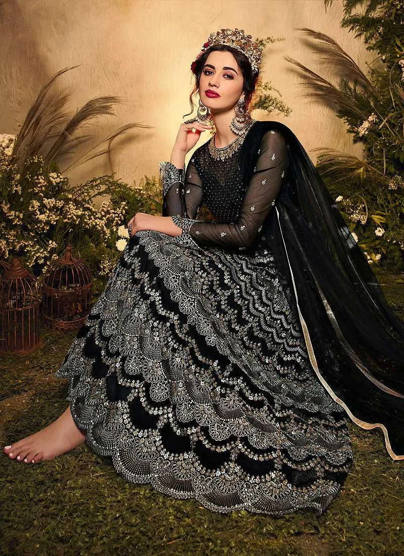 Black and Silver Heavy Embroidered Kalidar Lehenga Style Anarkali