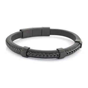 Black Franco Link Centre Black Leather Bracelet