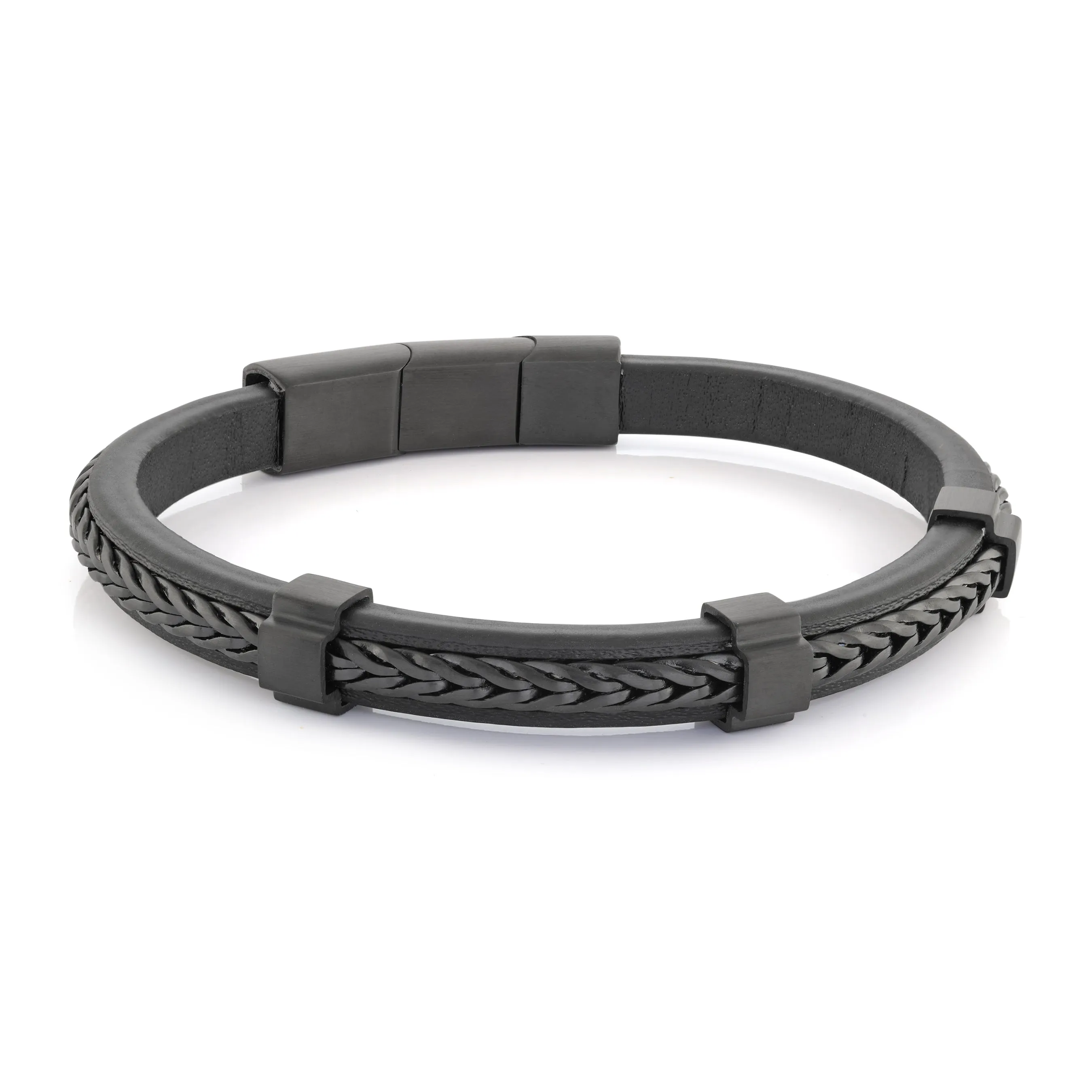 Black Franco Link Centre Black Leather Bracelet