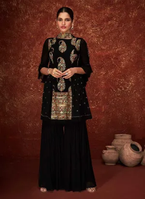 Black Gold Embroidered Sharara Style Suit