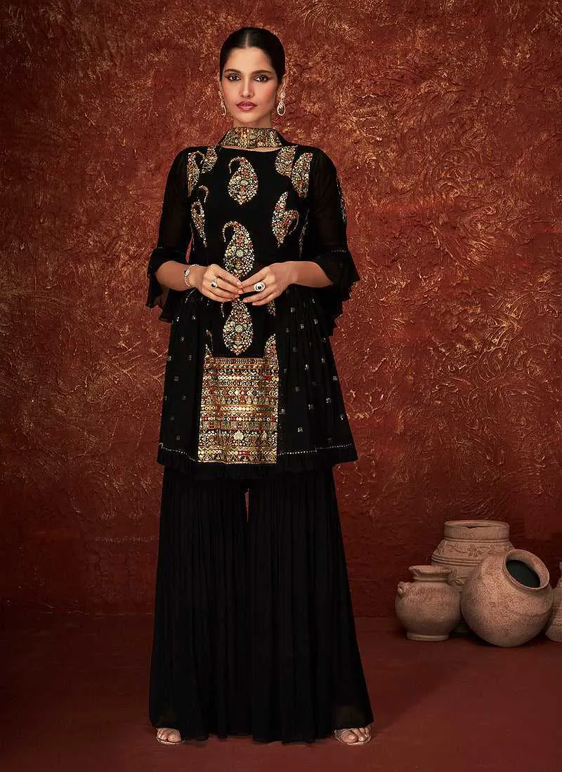 Black Gold Embroidered Sharara Style Suit