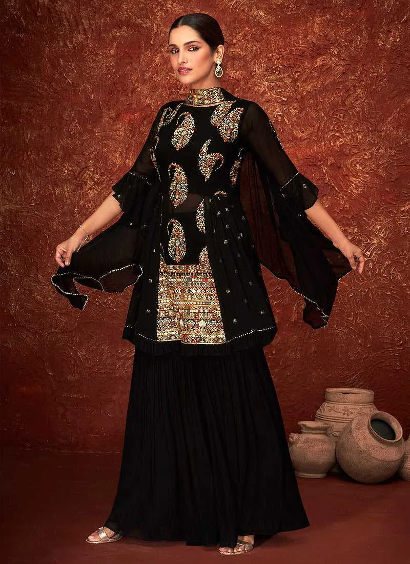 Black Gold Embroidered Sharara Style Suit