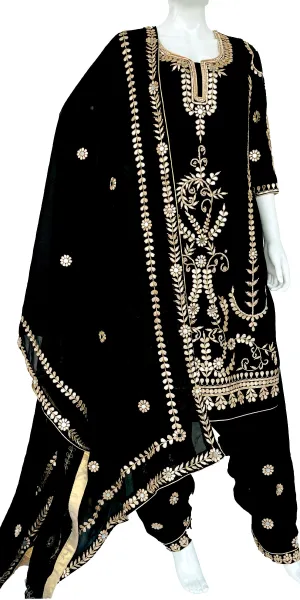 Black Gota Patti Handwork Muslin Silk Punjabi Patiala Salwar Suit