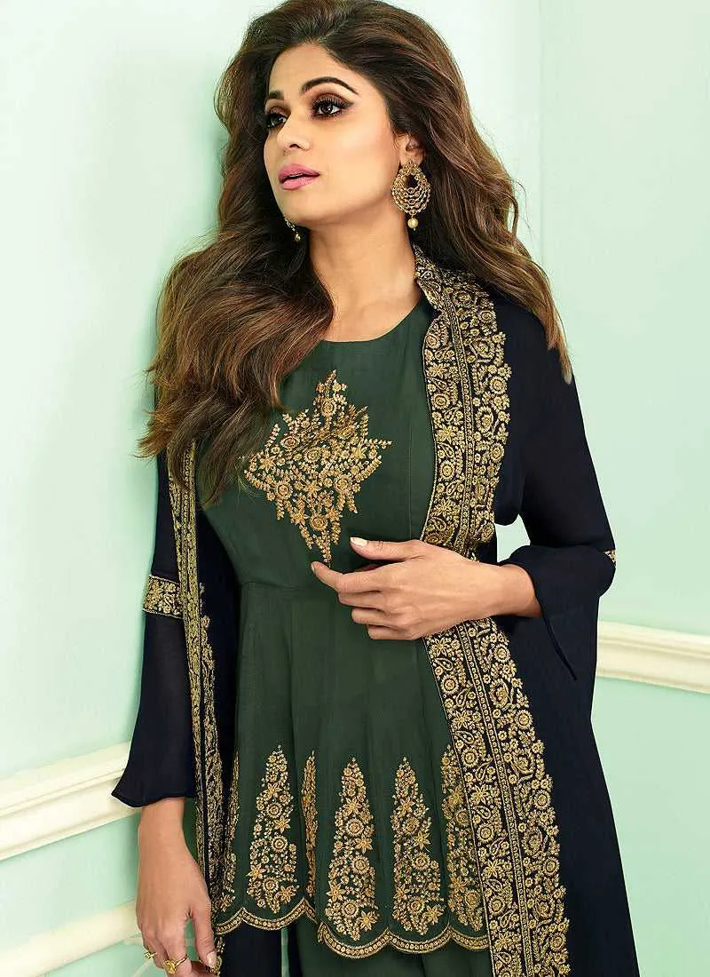 Blue and Green Heavy Embroidered Jacket Style Plazzo Suit