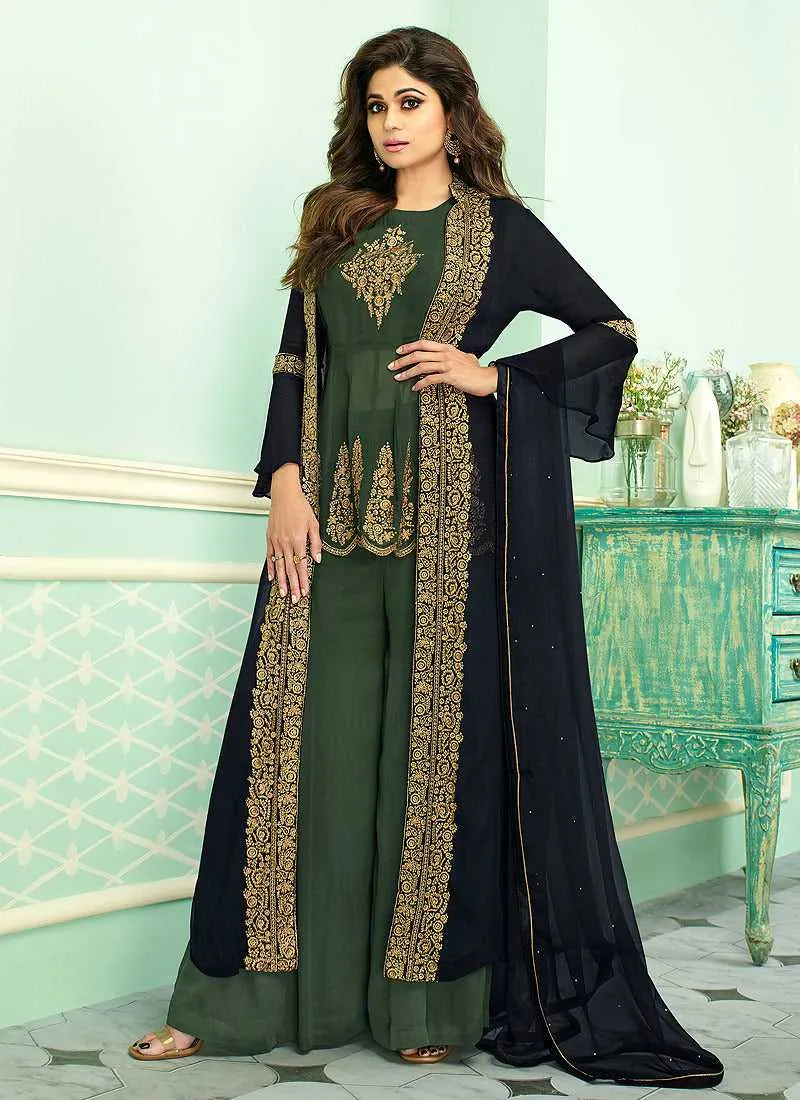 Blue and Green Heavy Embroidered Jacket Style Plazzo Suit