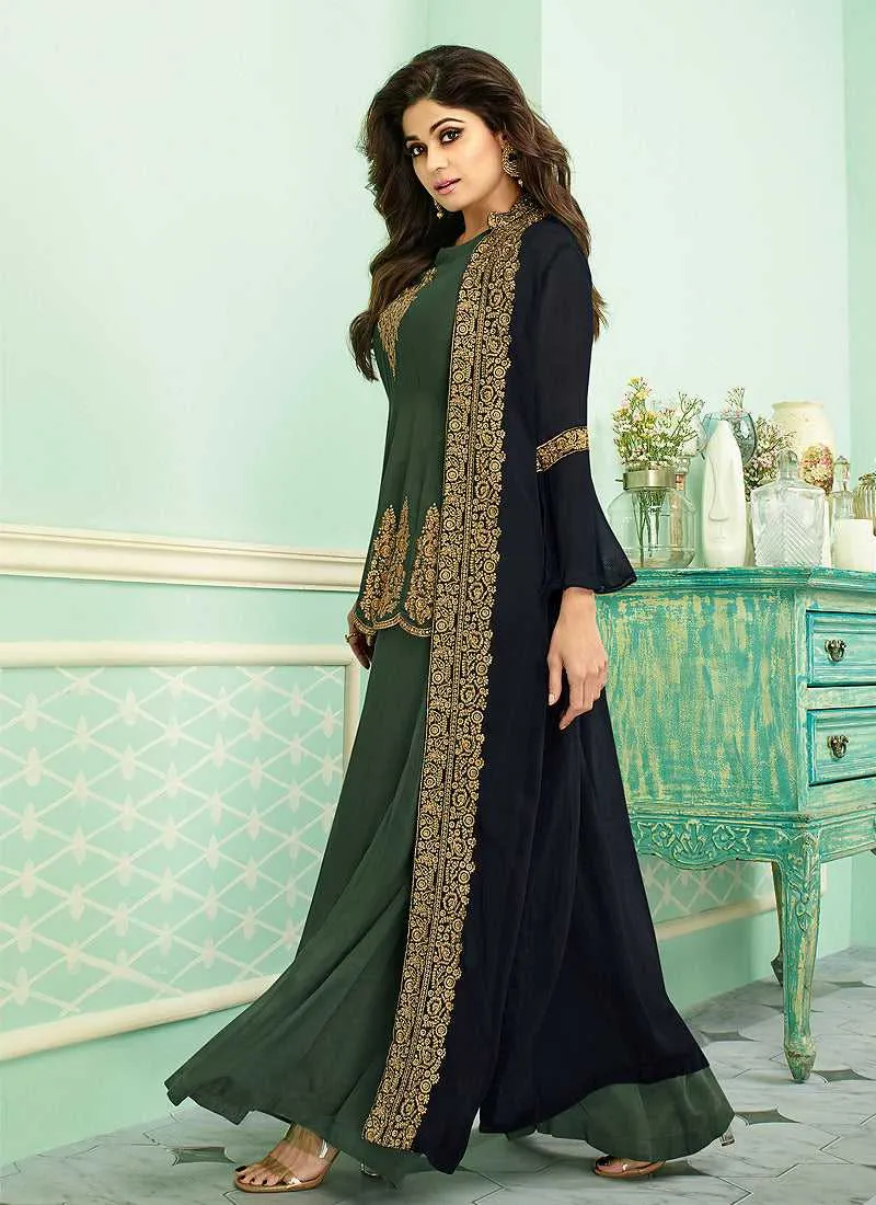 Blue and Green Heavy Embroidered Jacket Style Plazzo Suit