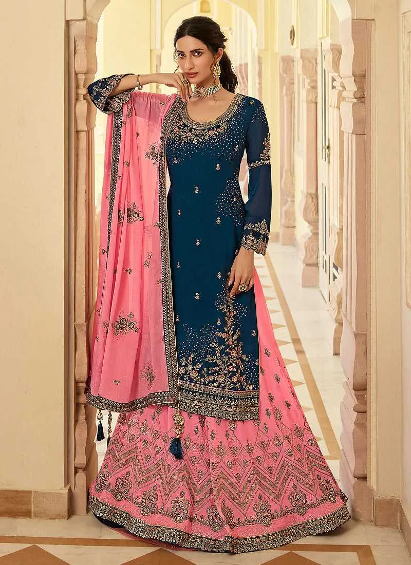 Blue and Pink Designer Heavy Embroidered Lehenga