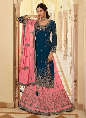 Blue and Pink Designer Heavy Embroidered Lehenga