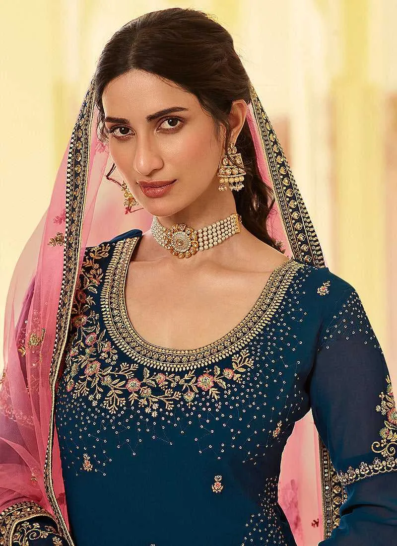 Blue and Pink Designer Heavy Embroidered Lehenga