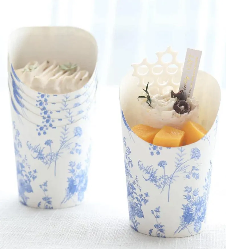 Blue Floral Charcuterie Favor Cups with Toothpicks – Set of 20 Disposable Snack Cups for Weddings, Showers & Events