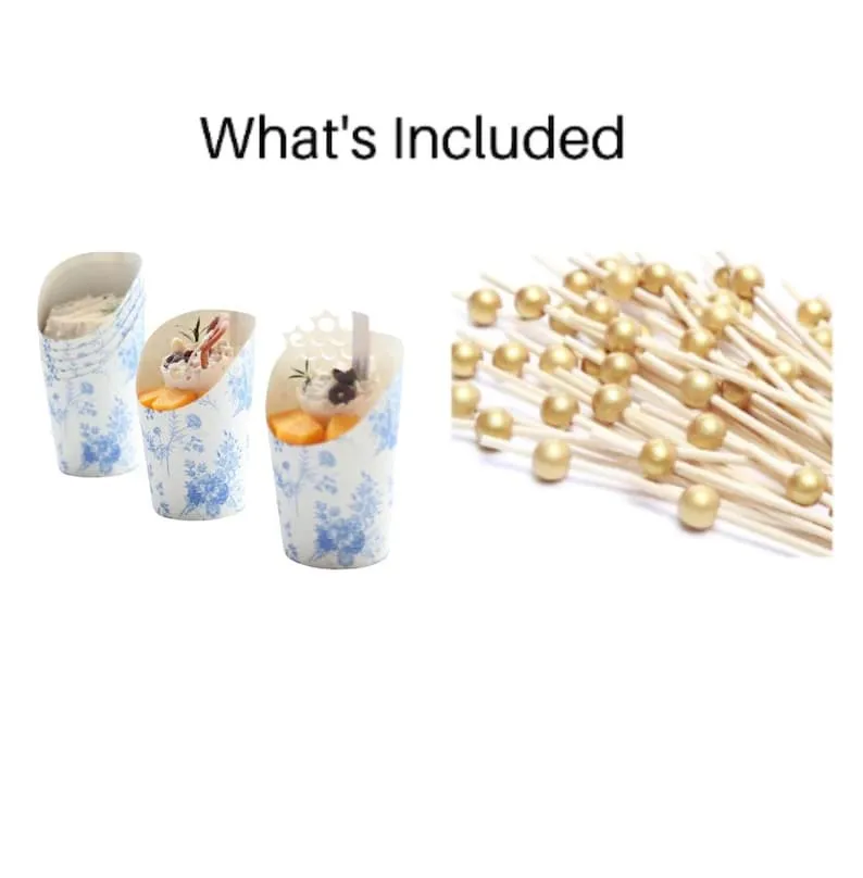 Blue Floral Charcuterie Favor Cups with Toothpicks – Set of 20 Disposable Snack Cups for Weddings, Showers & Events