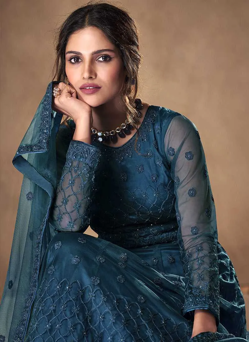 Blue Heavy Embroidered Gown Style Anarkali Suit