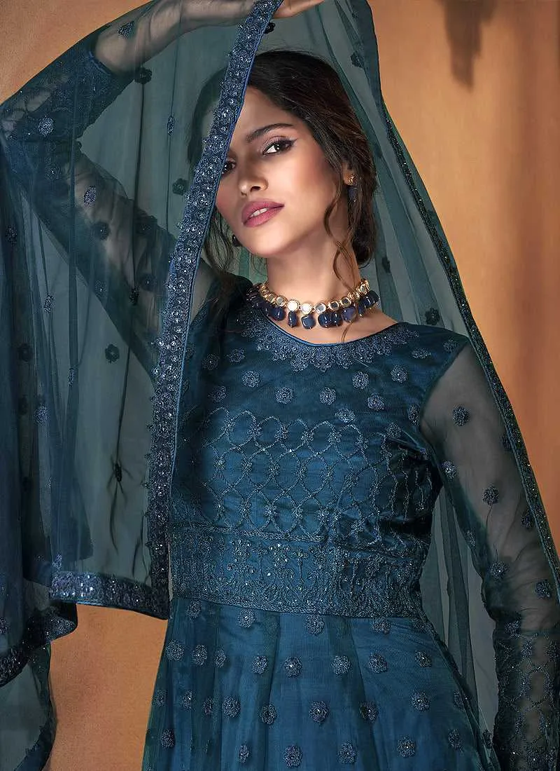 Blue Heavy Embroidered Gown Style Anarkali Suit