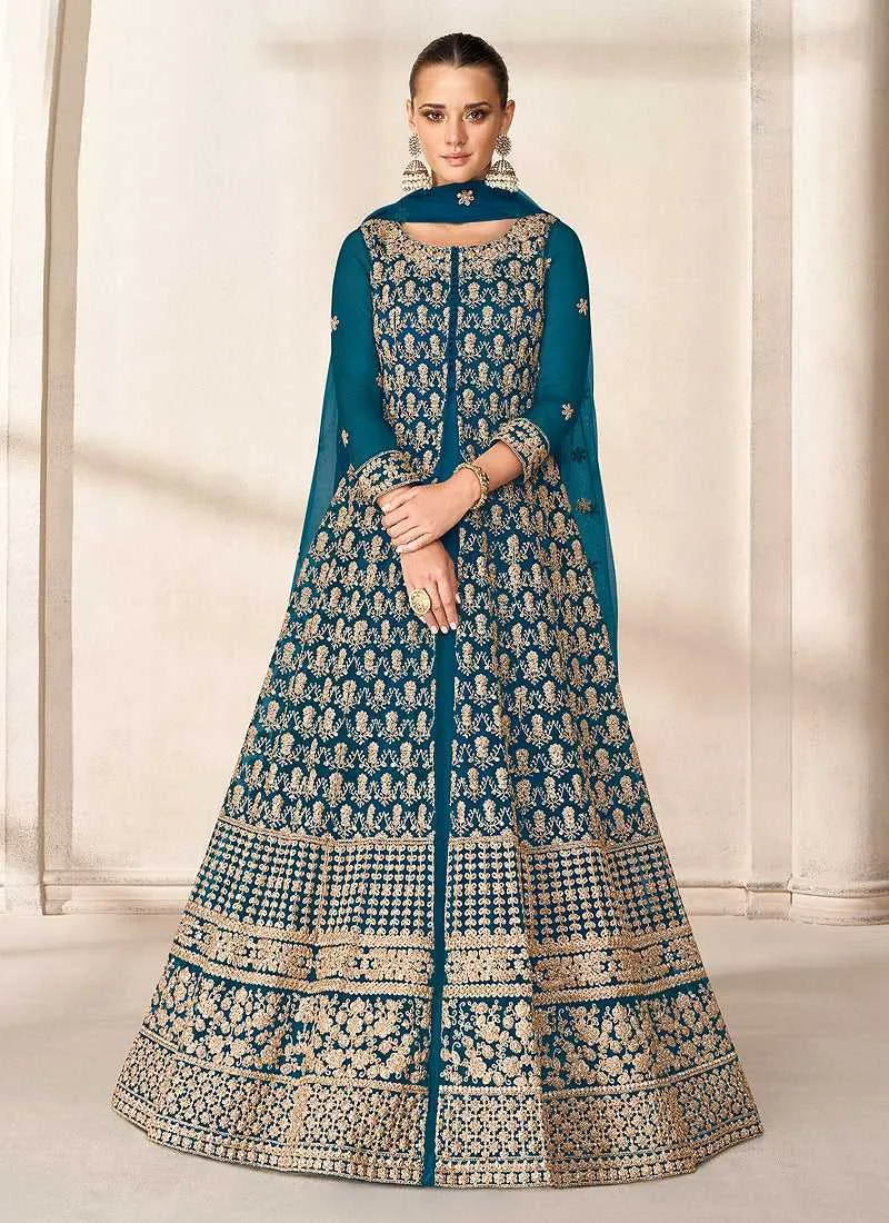 Blue Heavy Embroidered High Slit Style Anarkali