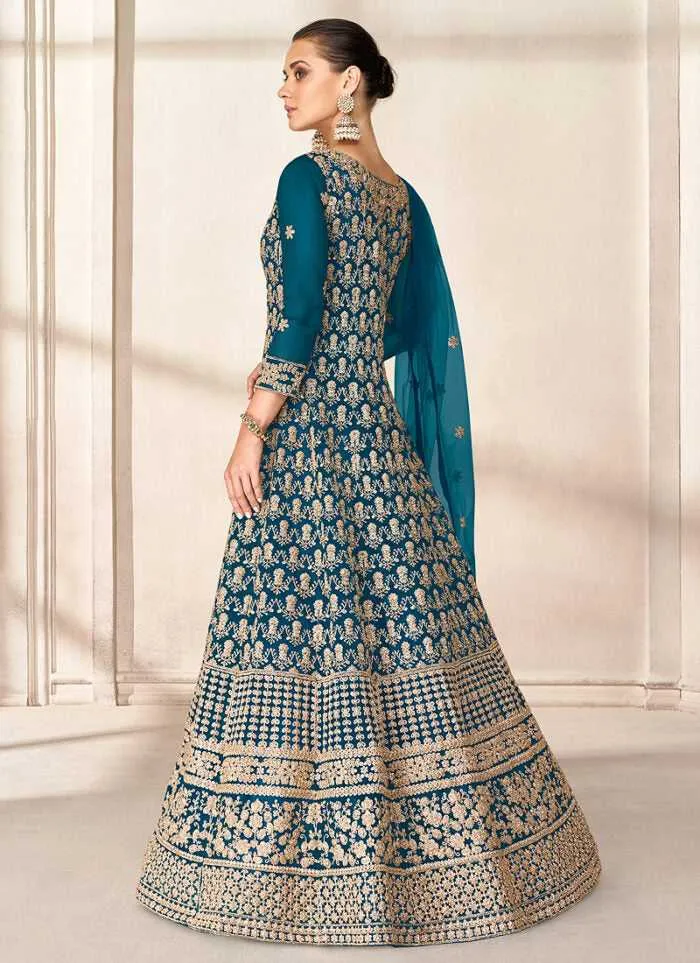 Blue Heavy Embroidered High Slit Style Anarkali