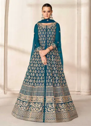 Blue Heavy Embroidered High Slit Style Anarkali