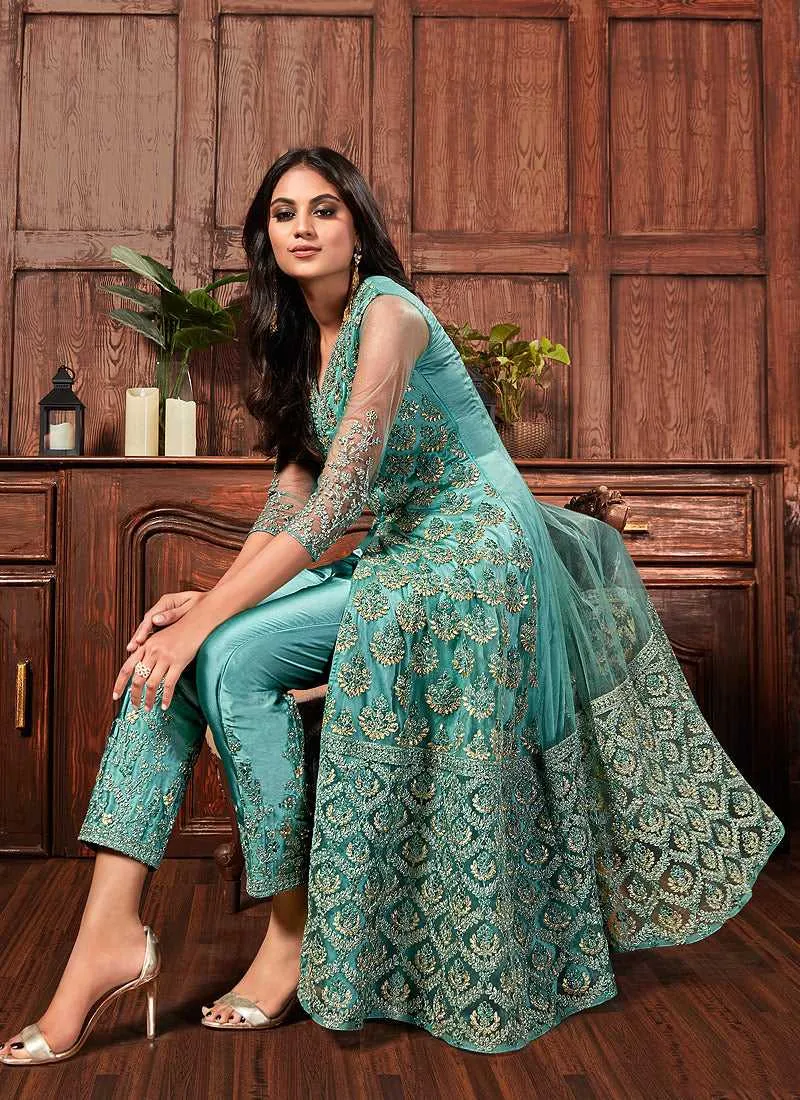 Blue Heavy Embroidered High Slit Style Pant Suit
